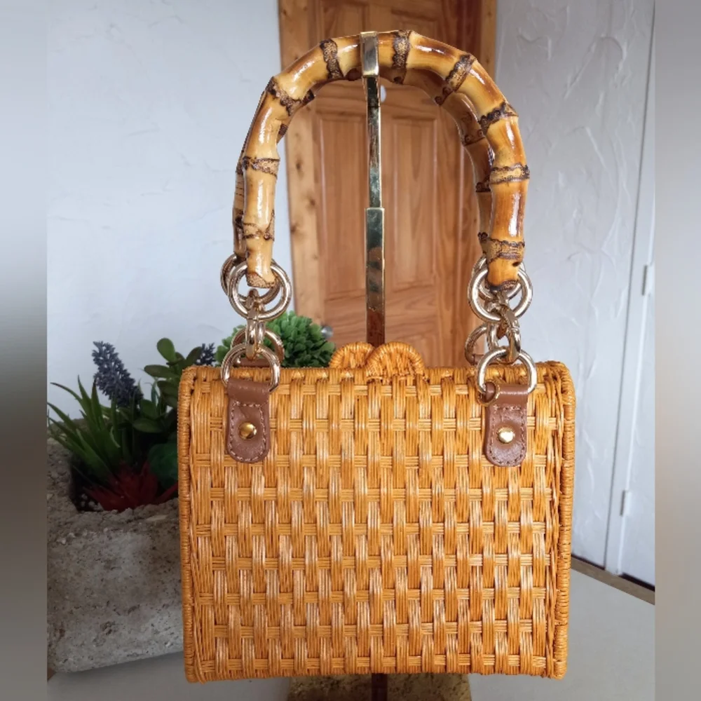 Serpui Paola Wicker Bag with Bamboo handles & strap. MSRP $398